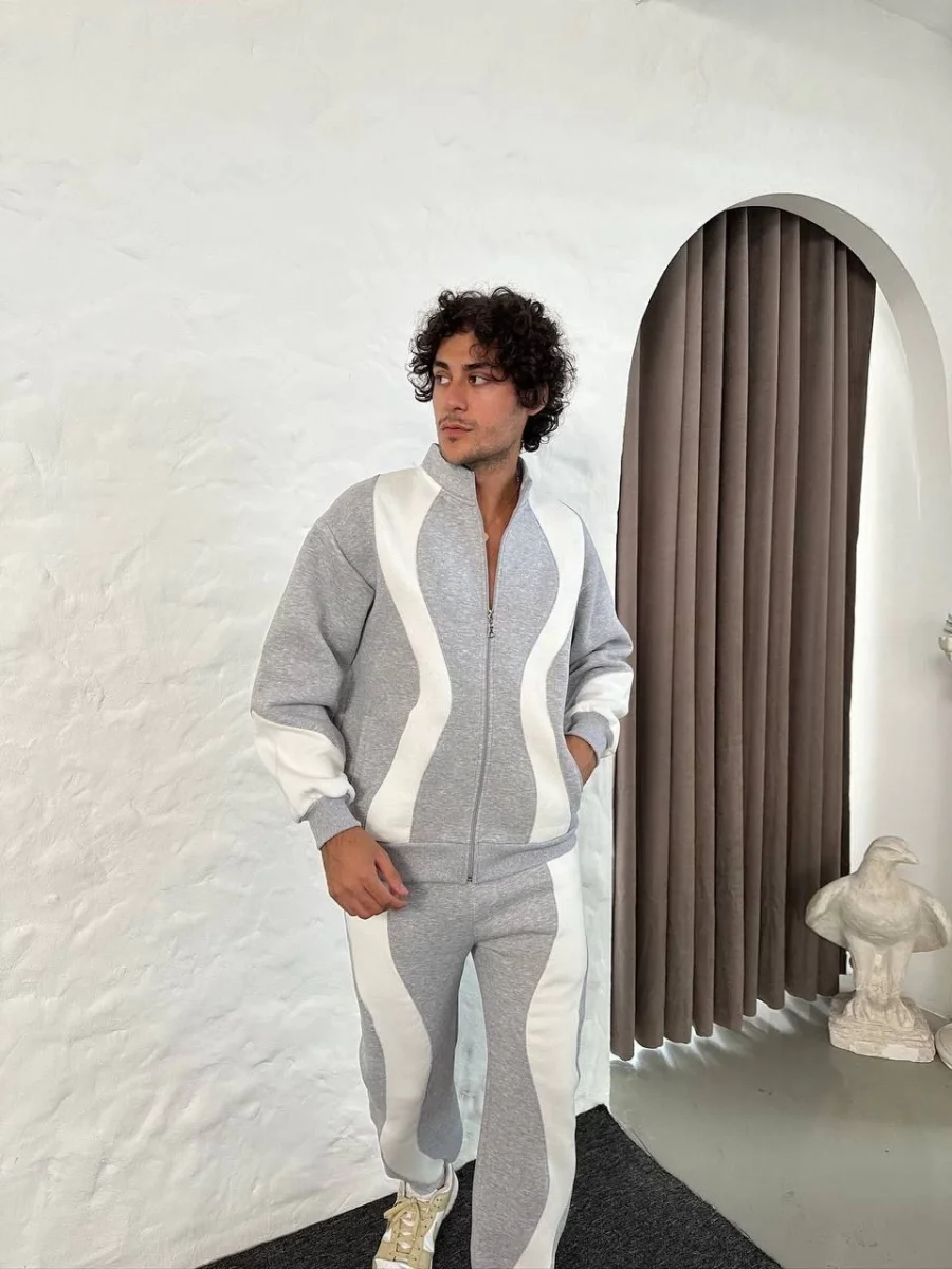 Premium Parçalı Eşofman Takım - Dik Yaka Fermuarlı Sweatshirt, - Gri -