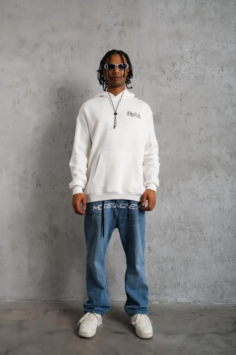 OversizeKapüşonlu Sweat – Kol ve Etek Ribana DetaylıBeyaz -