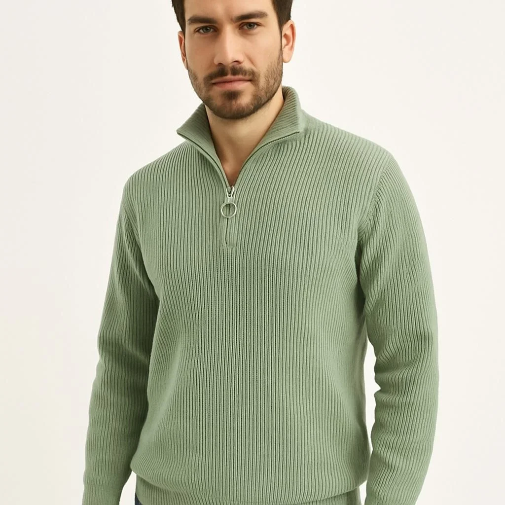 Yarım Fermuarlı Triko Kazak  Mint Yeşili -