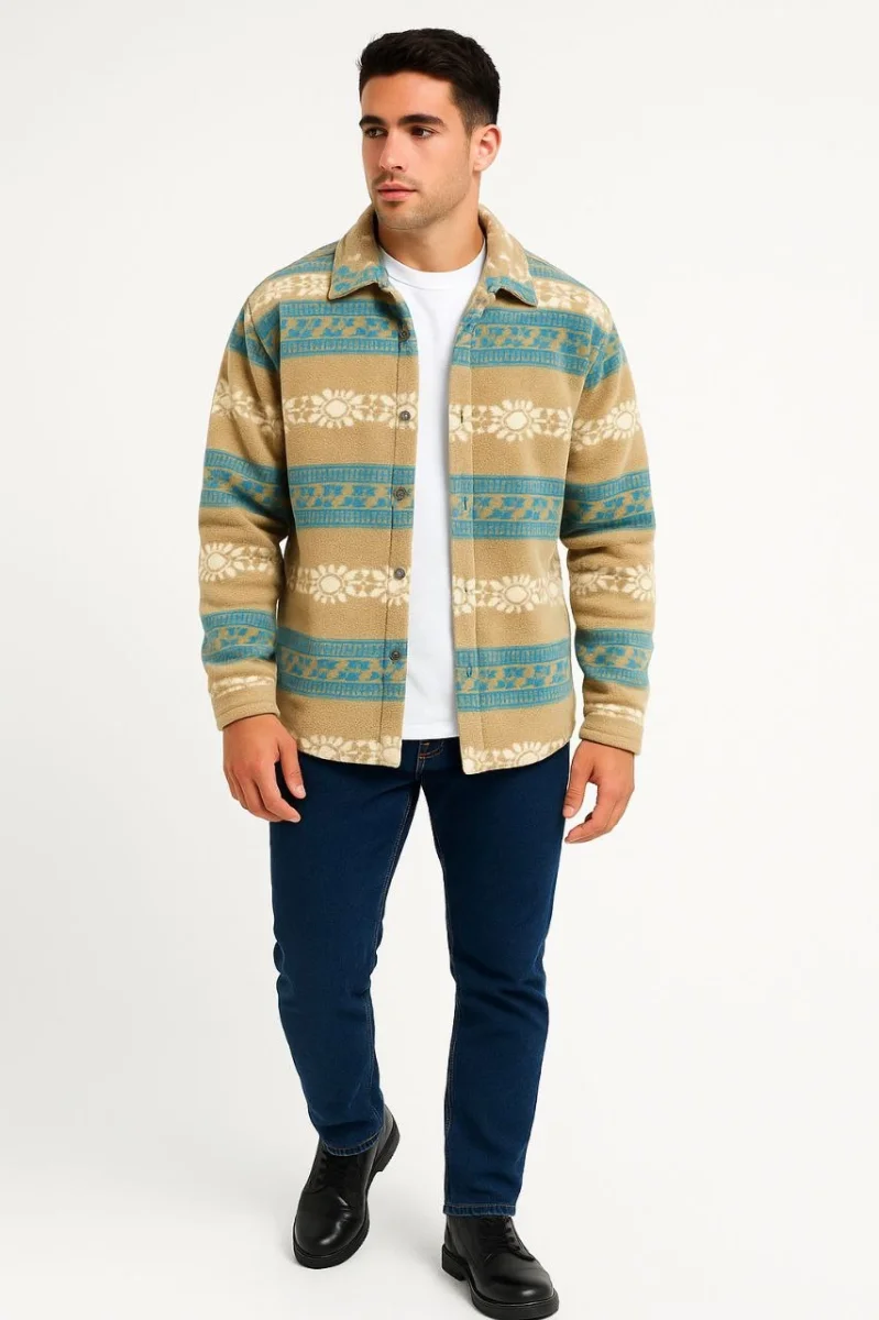 Desenli Polar Gömlek – Etnik Şerit Desen Yakalı, Uzun Kollu, Düğmeli, Oversize Rahat Kalıp - Sarı -