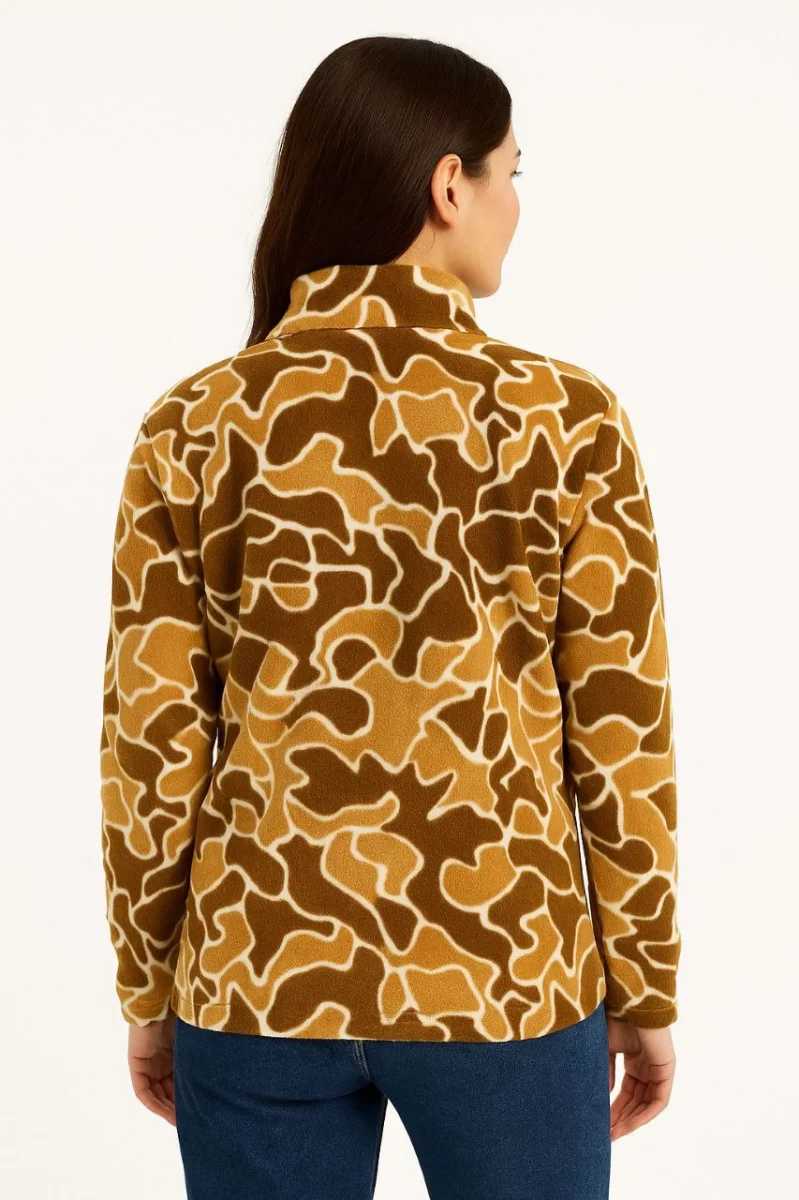 Yarım Fermuarlı Desenli Polar Sweat Yakalı, Uzun Kollu, Oversize Rahat Kalıp - Kahverengi -