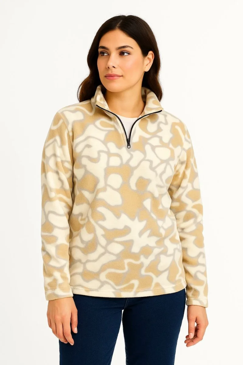 Yarım Fermuarlı Desenli Polar Sweat Yakalı, Uzun Kollu, Oversize Rahat Kalıp - Bej -