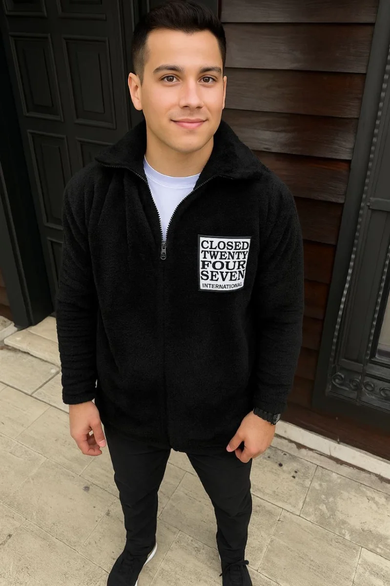 Polar Fermuarlı Sweatshirt – Kapüşonsuz, Cepli, Yumuşak Dokulu, Oversize Rahat Kalıp, Kışlık Sıcak Tutan Fermuarlı Üst - Siyah