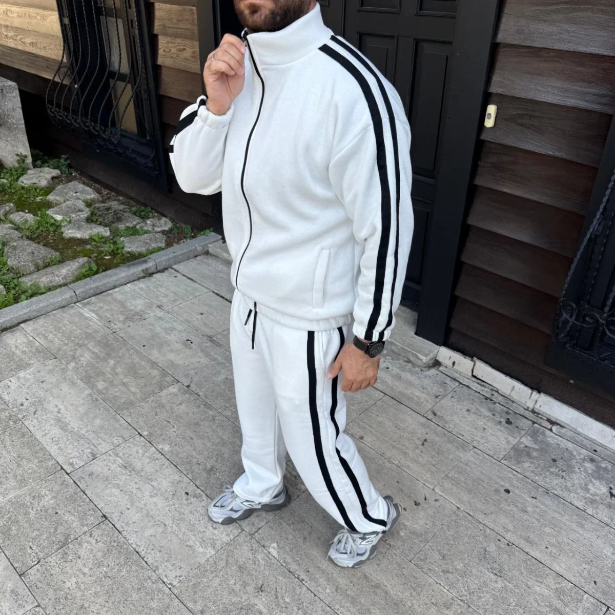 Çift Şeritli Eşofman Takım Dik Yaka Fermuarlı Sweatshirt Boru Paça Alt, Oversize 3 iplik Pamuklu - Beyaz