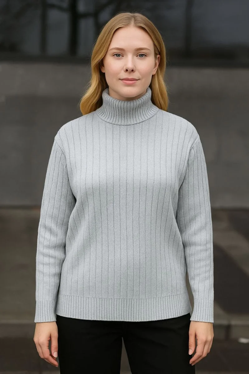 Balıkcı Yaka Bağazlı Triko Kazak Pamuklu Kalın Fitilli Dokuma - Gri