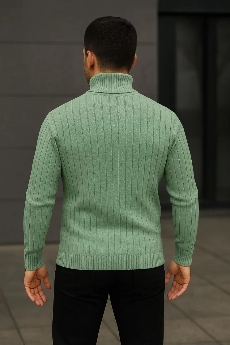 Balıkcı Yaka Bağazlı Triko Kazak Pamuklu Kalın Fitilli Dokuma, Regular Fit Uzun Kollu Kışlık Model - Mint Yeşili