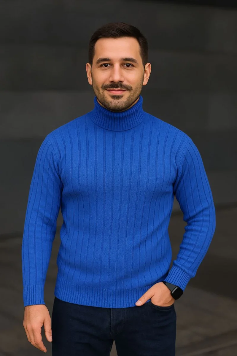 Balıkcı Yaka Bağazlı Triko Kazak Pamuklu Kalın Fitilli Dokuma, Regular Fit Uzun Kollu Kışlık Model - Saks Mavisi