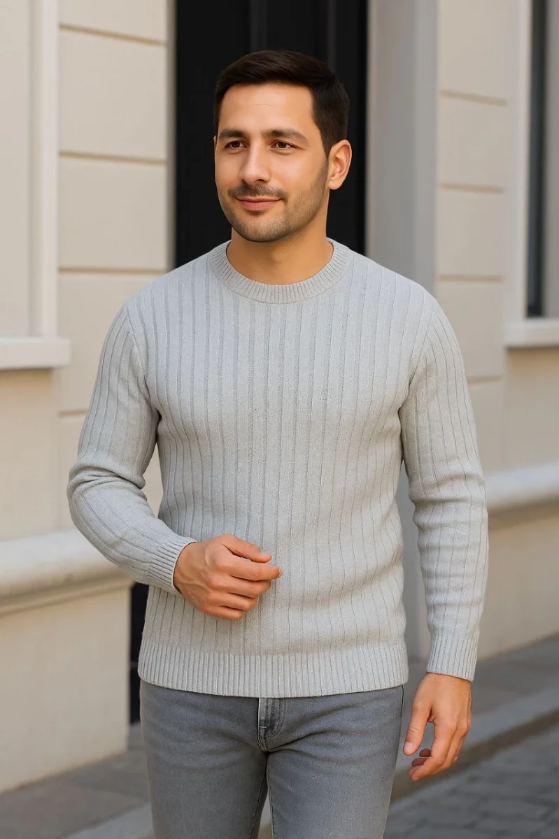 Bisiklet Yuvarlak Yaka Triko Kazak Pamuklu Kalın Fitilli Dokuma, Regular Fit Uzun Kollu Kışlık Model - Gri