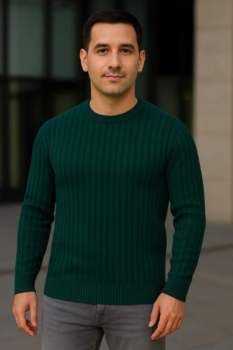 Bisiklet Yuvarlak Yaka Triko Kazak Pamuklu Kalın Fitilli Dokuma, Regular Fit Uzun Kollu Kışlık Model - Haki