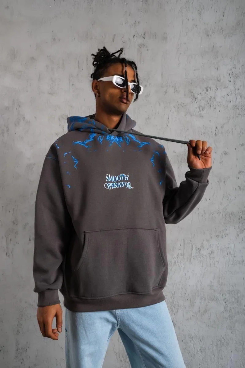 Yıldırım Baskılı Kapşonlu Sweatshirt - Gri