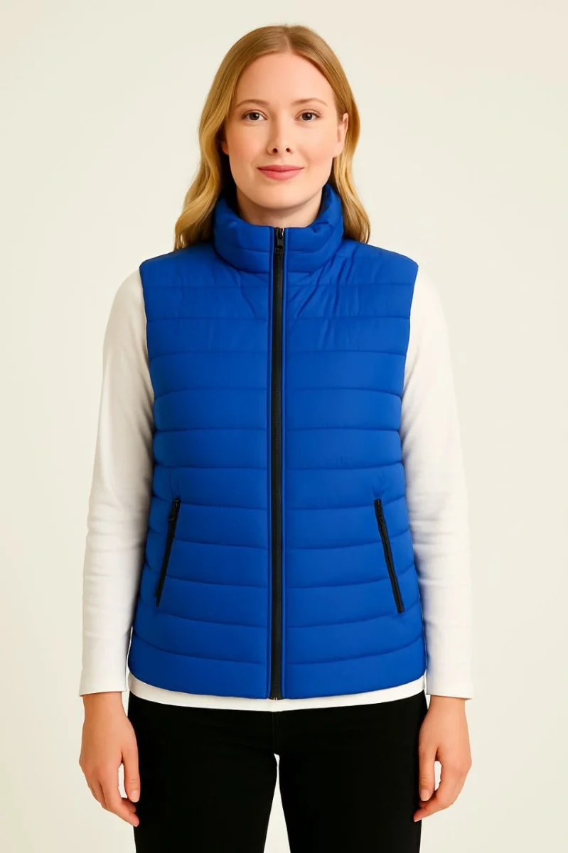 Şişme Fermuarlı Yelek Su itici Kapitone Astarlı Kumaş Cepli Hafif Kışlık Spor Rahat Kalıp - Saks Mavisi