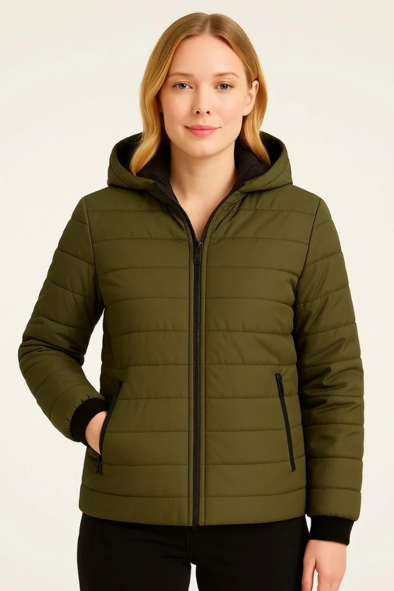 Şişme Kapüşonlu Fermuarlı Mont Su itici Kapitone Astarlı Kumaş Cepli Kışlık Rahat Kalıp - Haki