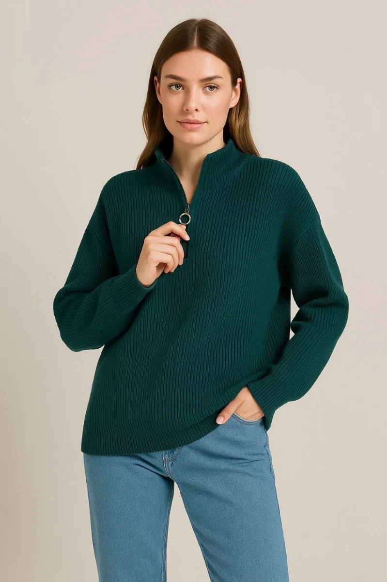 Yarım Fermuarlı Triko Kazak – Selanik Örgü, Dik Yaka, Pamuklu Dokuma, Oversize Uzun Kollu Kışlık Model - Haki