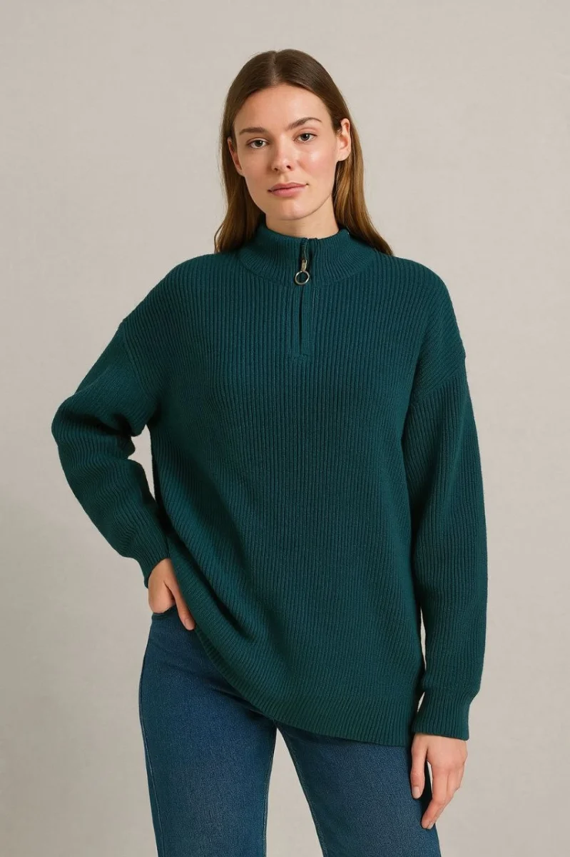 Yarım Fermuarlı Triko Kazak – Selanik Örgü, Dik Yaka, Pamuklu Dokuma, Oversize Uzun Kollu Kışlık Model - Haki