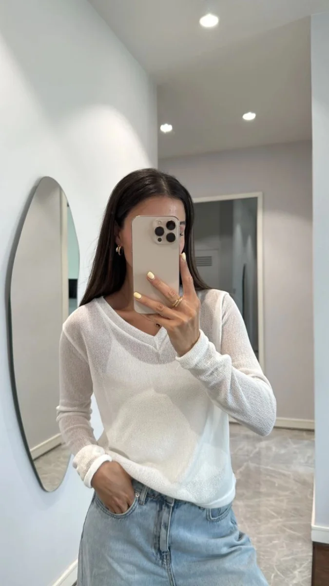 V Yaka uzun Kollu Triko ince Bluz - Beyaz