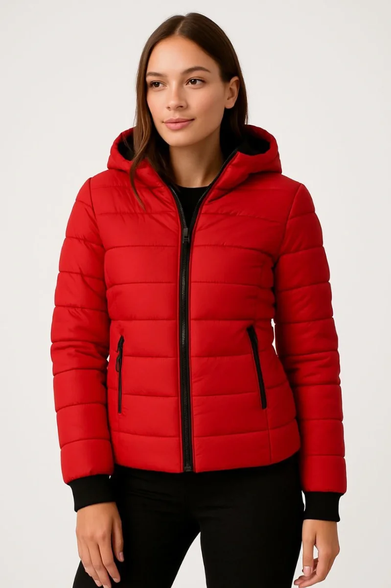 Şişme Kapüşonlu Fermuarlı Mont Su itici Kapitone Astarlı Kumaş Cepli Kışlık Rahat Kalıp - Kırmızı