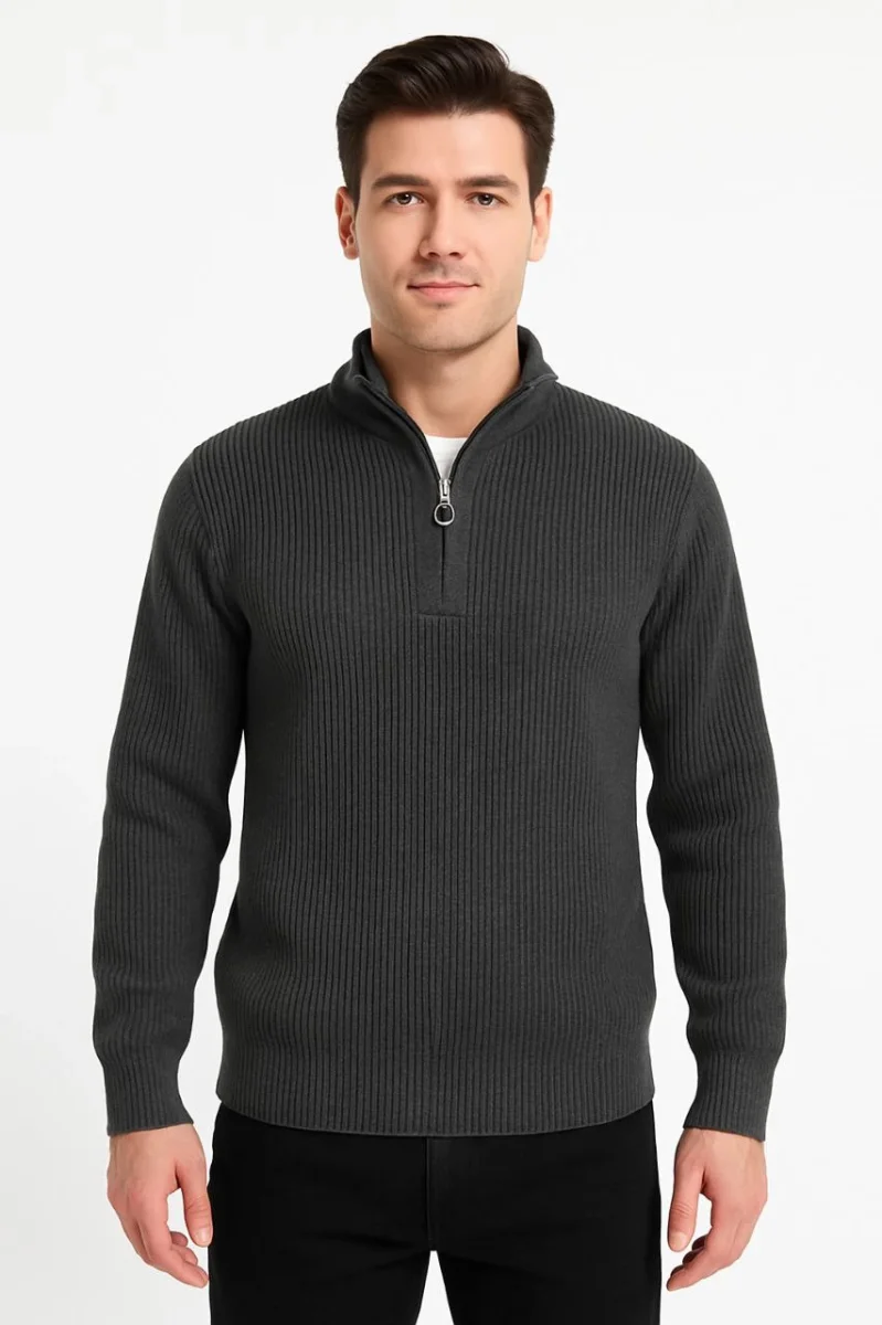 Yarım Fermuarlı Triko Kazak – Selanik Örgü, Dik Yaka, Pamuklu Dokuma, Regular Fit Uzun Kollu Kışlık Model - Füme