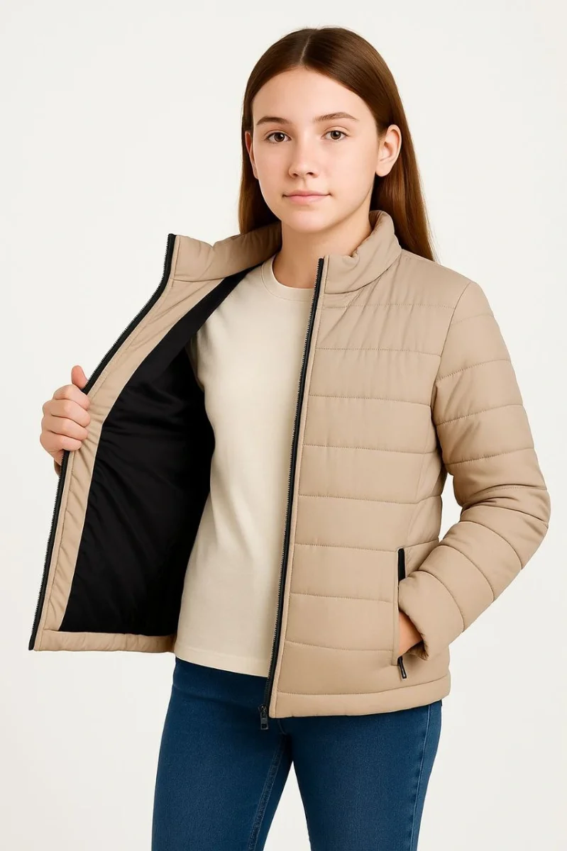 Şişme Mont Hafif ve Sıcak Tutucu Kışlık Fermuarlı Su İtici Rahat Günlük Mont Kapüşonuz Modern Tasarım - Bej