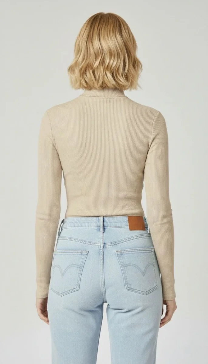 Tam Boğazlı Fitilli Likrali Kaşkorse Badi İnce Uzun Kollu Kazak - Bej