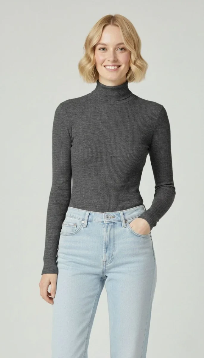 Tam Boğazlı Fitilli Likrali Kaşkorse Badi İnce Uzun Kollu Kazak - Antrasit