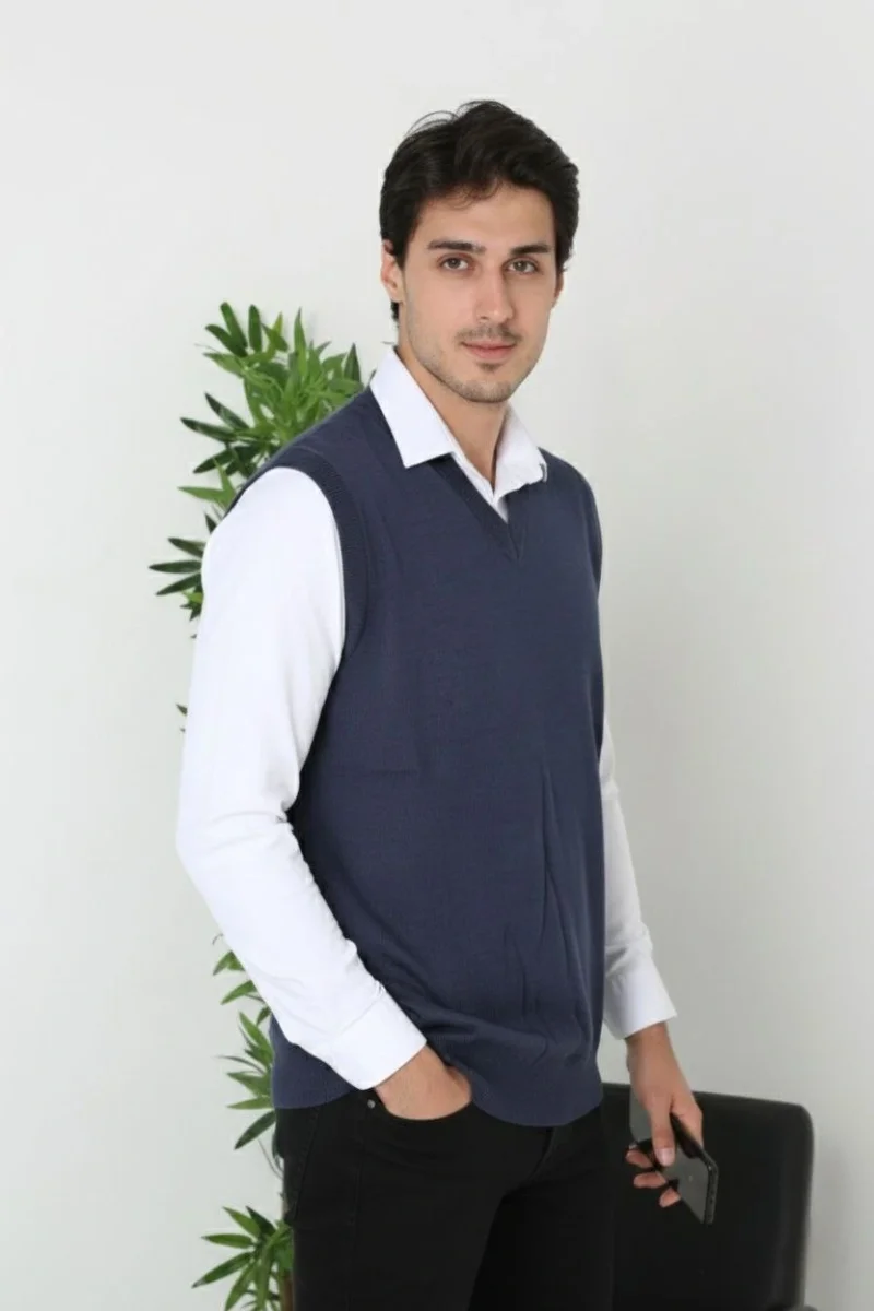 V Yaka Kolsuz Süveter Triko Kazak yumuşak dokulu Pamuklu ince Dokuma Rahat Regular kalıp - Lacivert