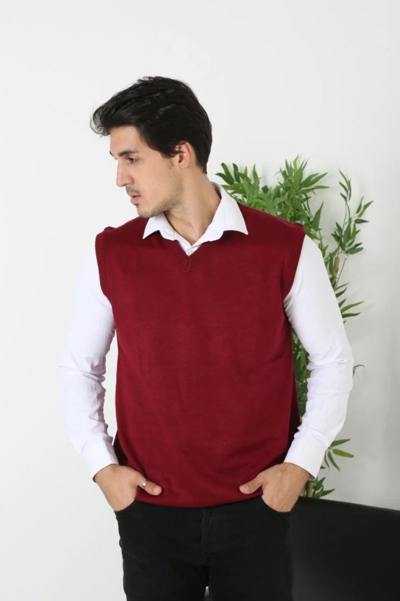 V Yaka Kolsuz Süveter Triko Kazak yumuşak dokulu Pamuklu ince Dokuma Rahat Regular kalıp - Bordo