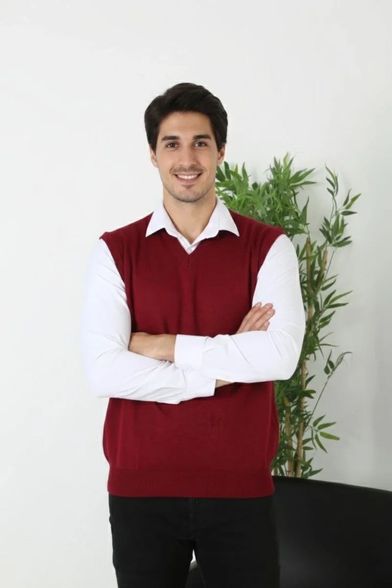 V Yaka Kolsuz Süveter Triko Kazak yumuşak dokulu Pamuklu ince Dokuma Rahat Regular kalıp - Bordo