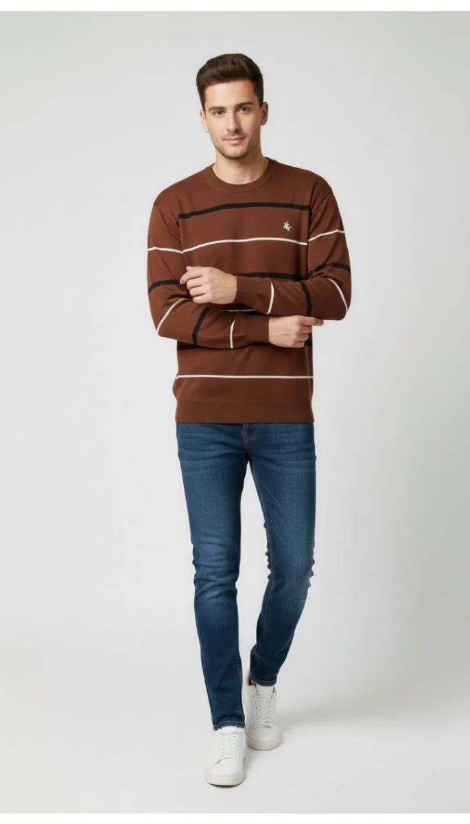 Bisiklet Yaka Cizgili Triko Kazak yumuşak dokulu Pamuklu ince Dokuma, uzun kollu Rahat Regular kalıp - Kahverengi