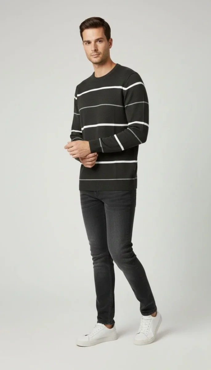 Bisiklet Yaka Cizgili Triko Kazak yumuşak dokulu Pamuklu ince Dokuma, uzun kollu Rahat Regular kalıp - Füme