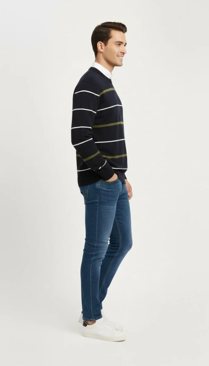 Bisiklet Yaka Cizgili Triko Kazak yumuşak dokulu Pamuklu ince Dokuma, uzun kollu Rahat Regular kalıp - Lacivert