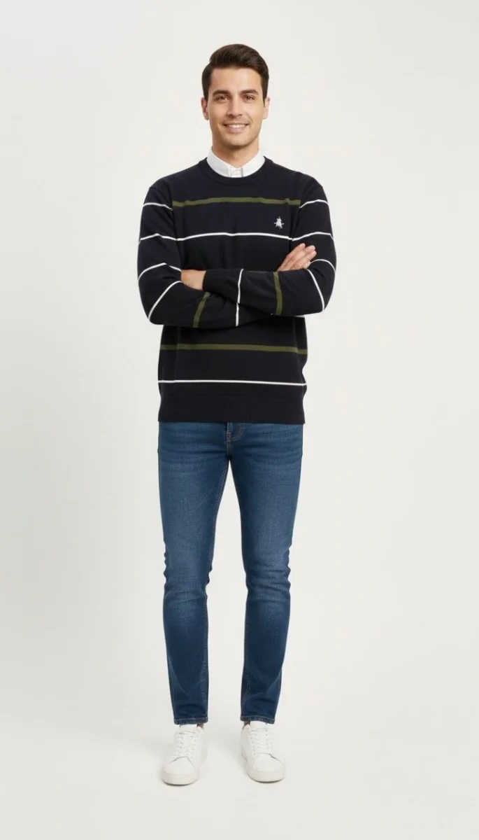 Bisiklet Yaka Cizgili Triko Kazak yumuşak dokulu Pamuklu ince Dokuma, uzun kollu Rahat Regular kalıp - Lacivert