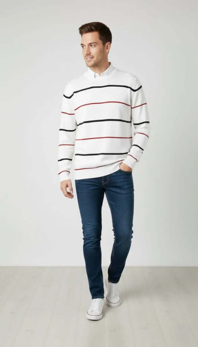 Bisiklet Yaka Cizgili Triko Kazak yumuşak dokulu Pamuklu ince Dokuma, uzun kollu Rahat Regular kalıp - Beyaz