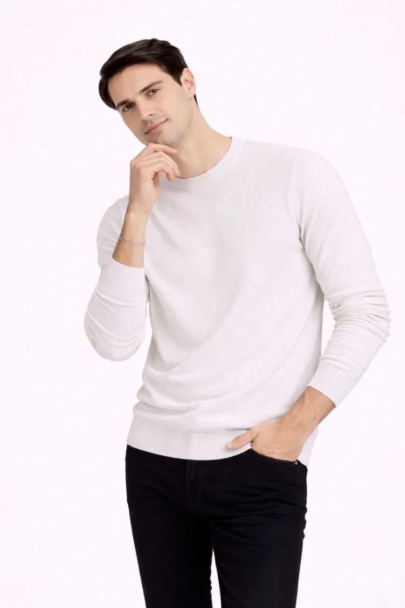 Bisiklet Yaka Triko Kazak yumuşak dokulu Pamuklu ince Dokuma, uzun kollu Rahat Regular kalıp - Bej