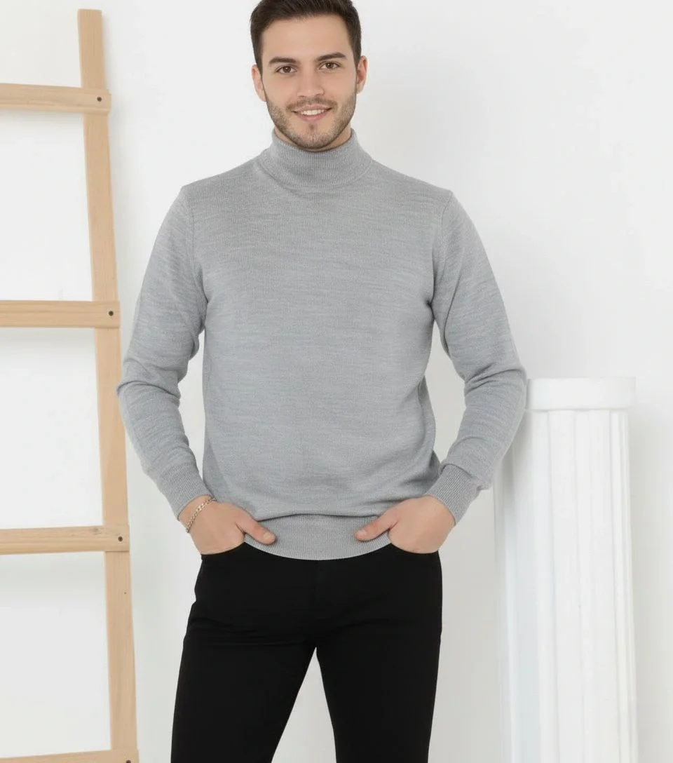 Yarım Boğaz Triko Kazak yumuşak dokulu Pamuklu ince Dokuma, uzun kollu Rahat Regular kalıp - Gri