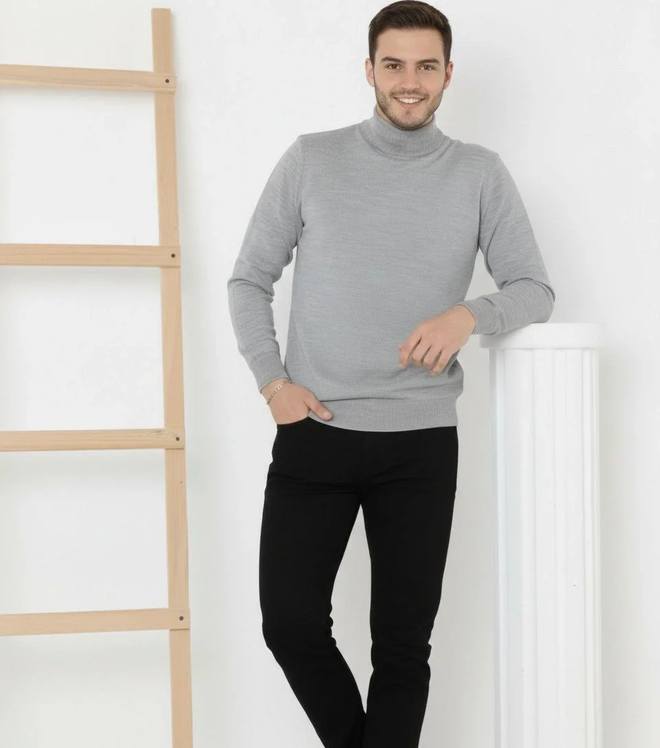 Yarım Boğaz Triko Kazak yumuşak dokulu Pamuklu ince Dokuma, uzun kollu Rahat Regular kalıp - Gri