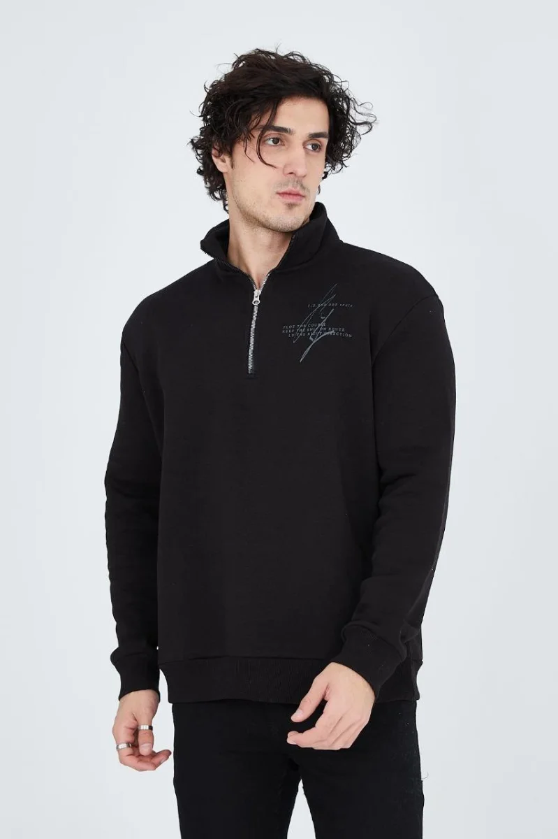 Yarım Fermuarlı Baskılı Sweat - Siyah
