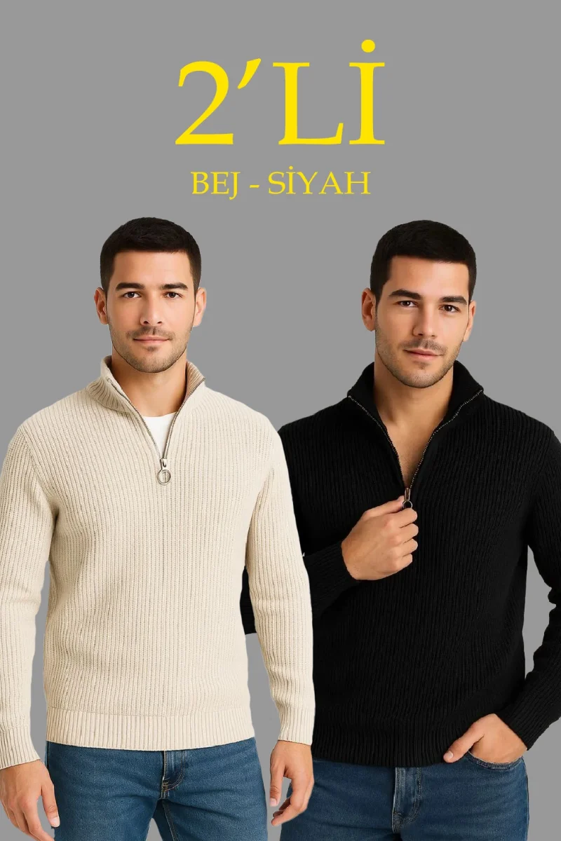 Fitilli Triko Kazak 2’li Set – Siyah  Bej