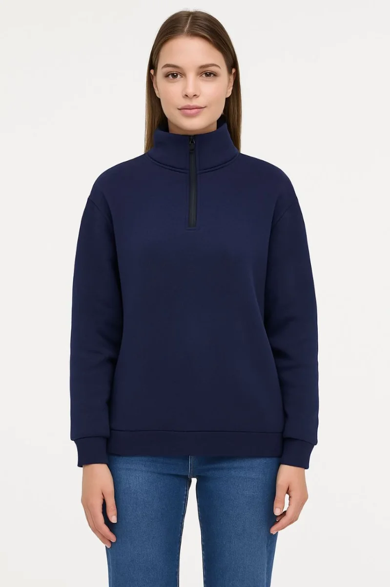 Üç İplik Dık Yaka Yarım Fermuarlı SweatShirt - Lacivert