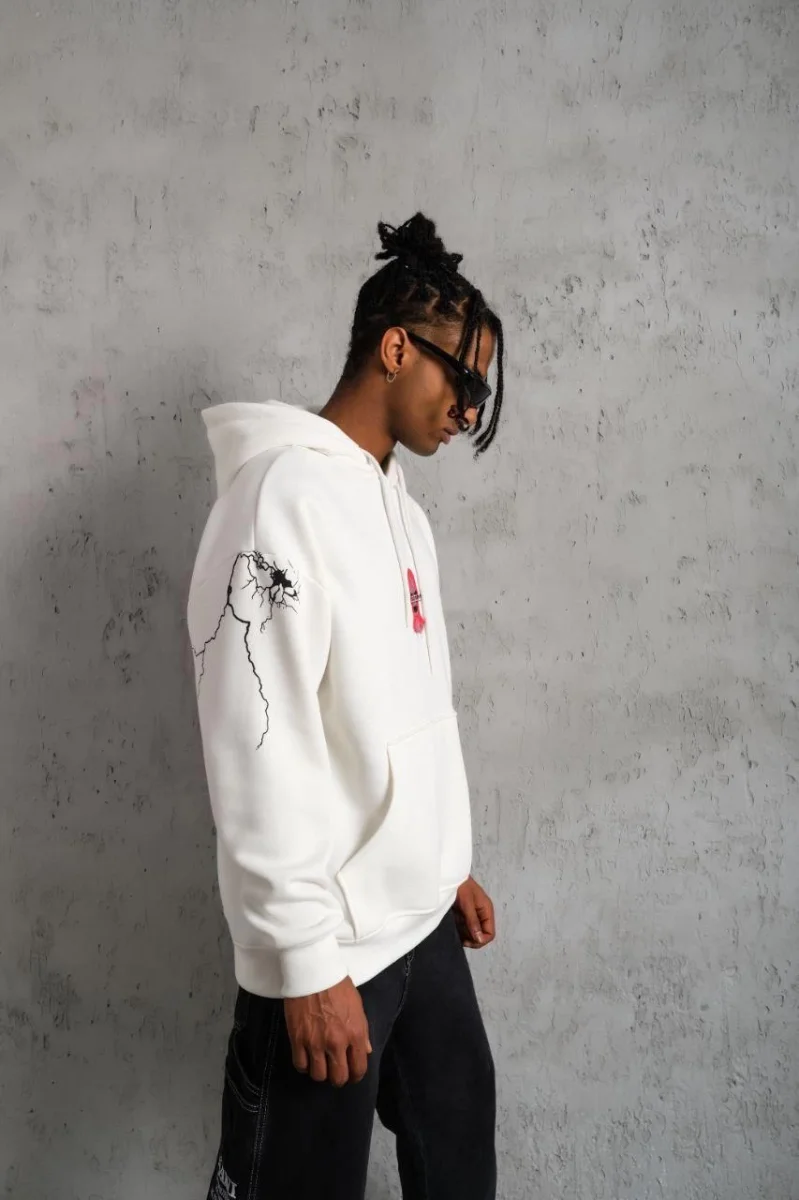 Maske Baskılı Kapüşonlu Sweat - Beyaz