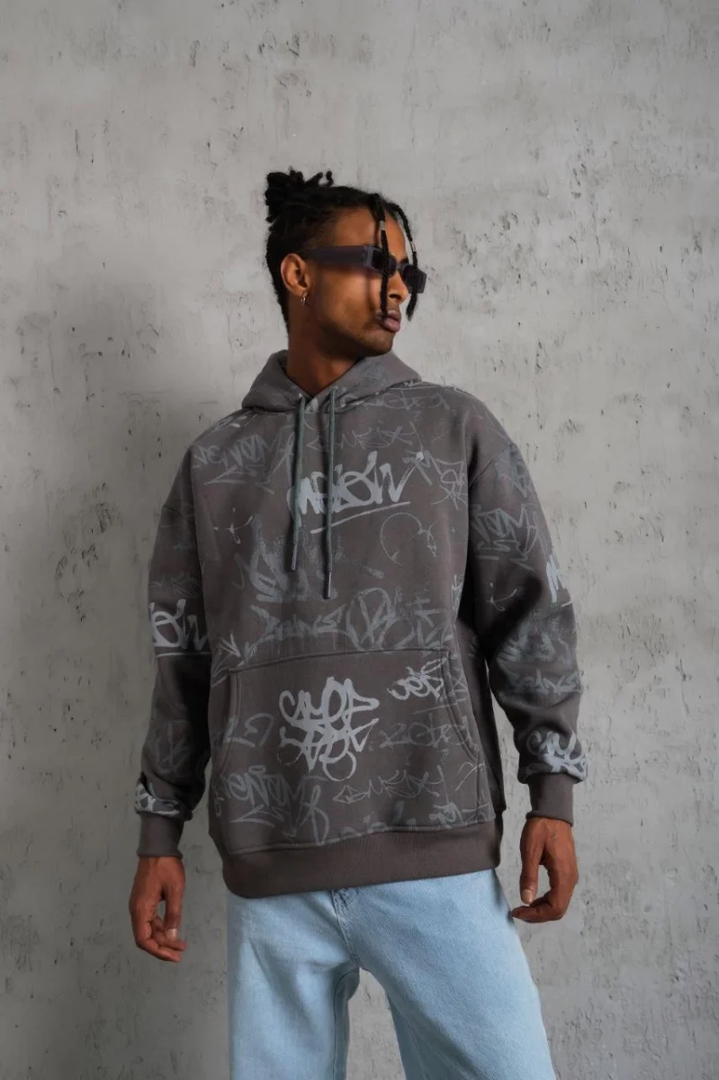 Baskılı Kapüşonlu Ribanalı Sweat - Gri