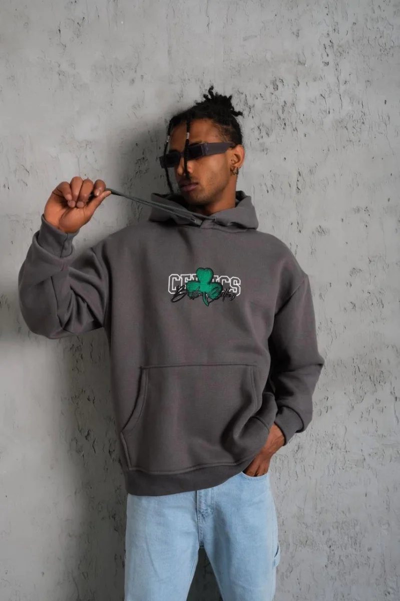 Baskılı Kapüşonlu ve Kordon İpli Sweat - Gri