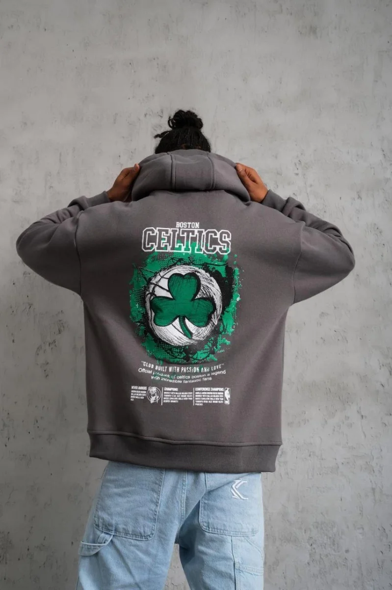 Baskılı Kapüşonlu ve Kordon İpli Sweat - Gri