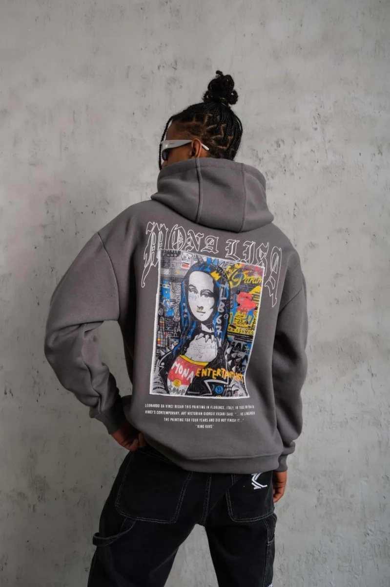 Baskılı Kapüşonlu ve Kanguru Cepli Sweat- Gri