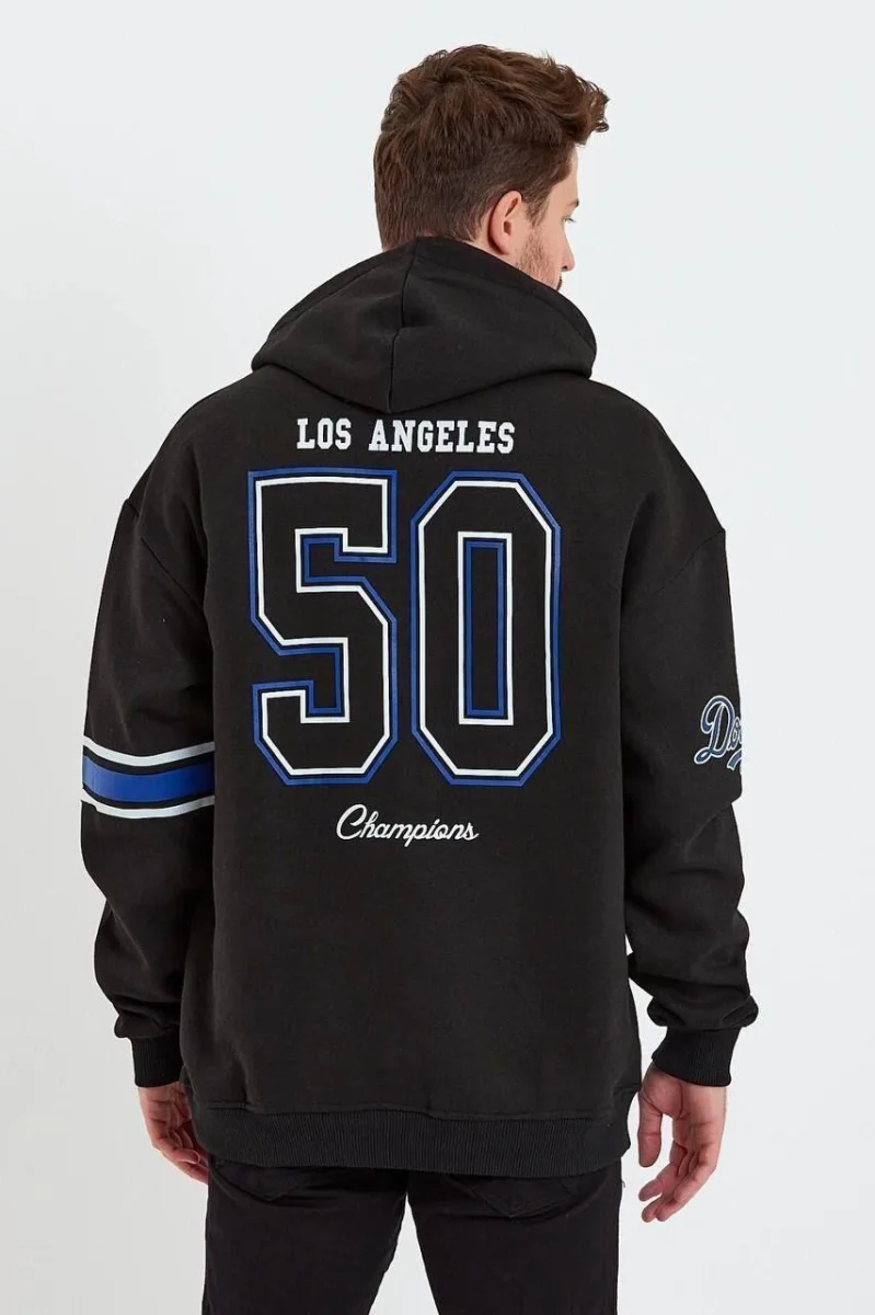 Baskılı Kapşonlu Üç iplik Oversize Sweatshirt - Siyah