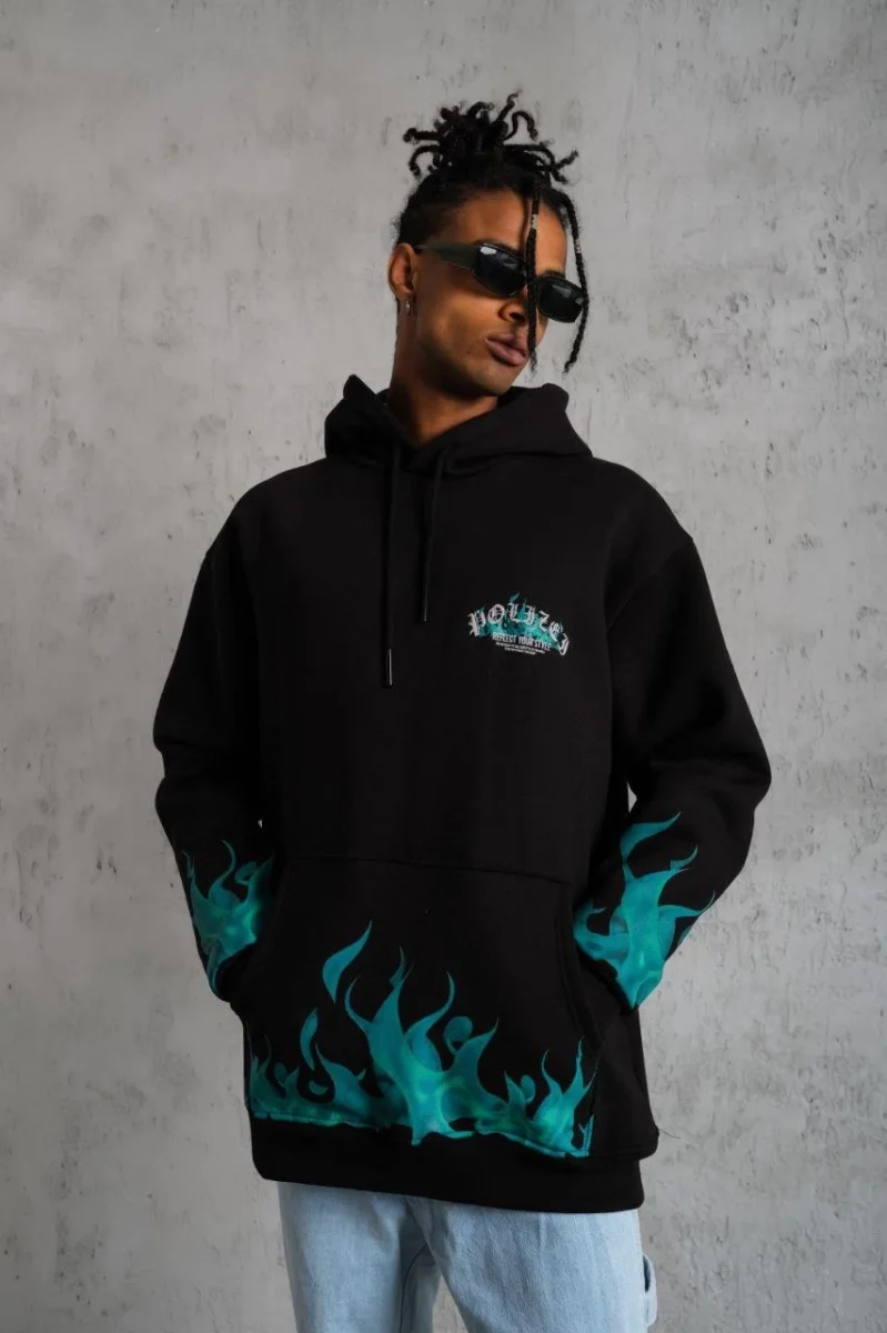 Üç İplik İçi Pamuklu Alev Baskılı Kapüşonlu Sweatshirt - Siyah