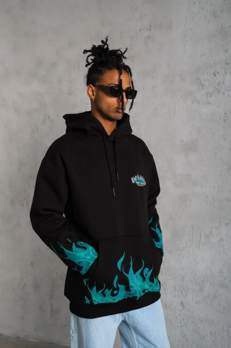 Üç İplik İçi Pamuklu Alev Baskılı Kapüşonlu Sweatshirt - Siyah