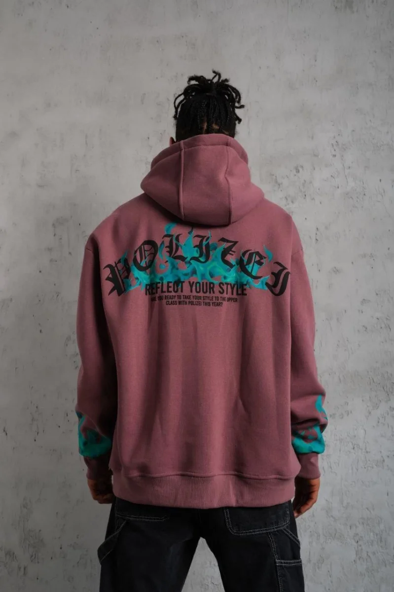 Üç İplik içi Pamuklu Alev Baskılı Kapüşonlu Sweatshirt - Gül Kurusu