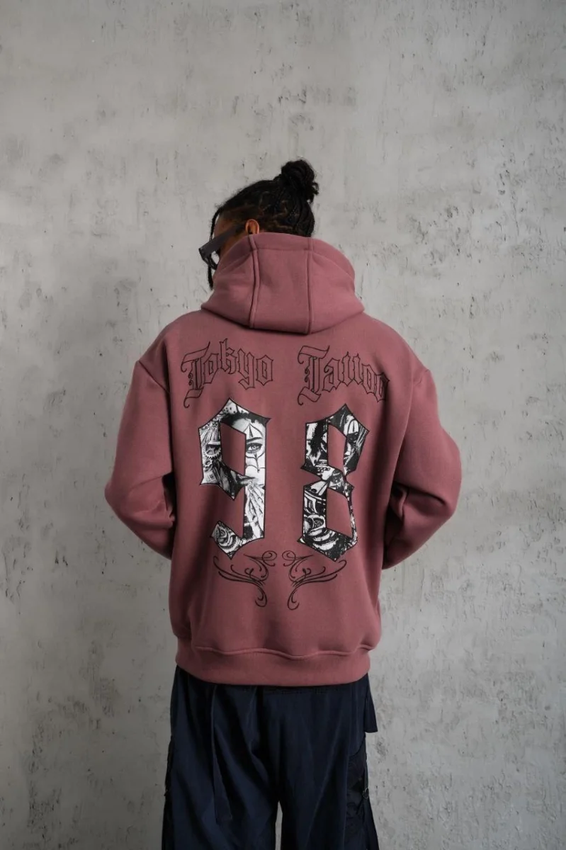 98 Baskılı Kapşonlu Sweat - Gül Kurusu