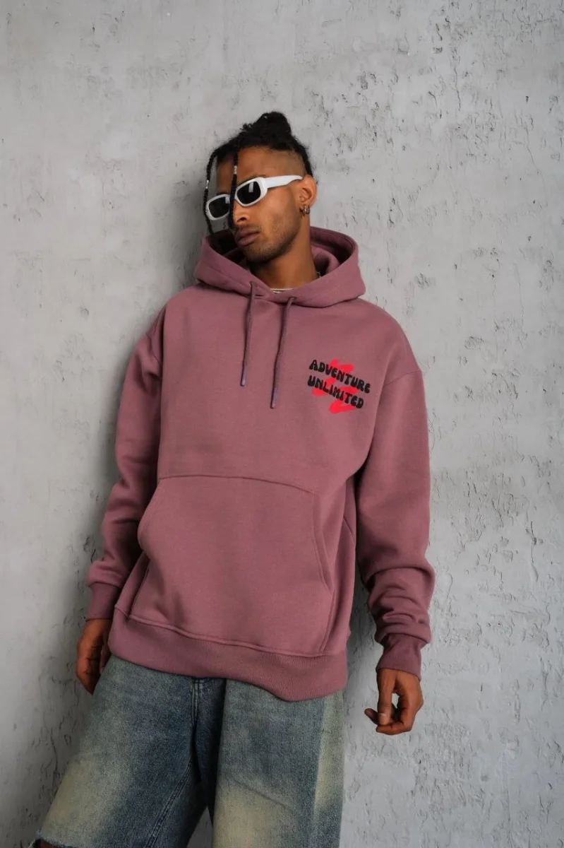 Şapkalı Güvercin Baskılı Kapşonlu Sweat - Gül Kurusu