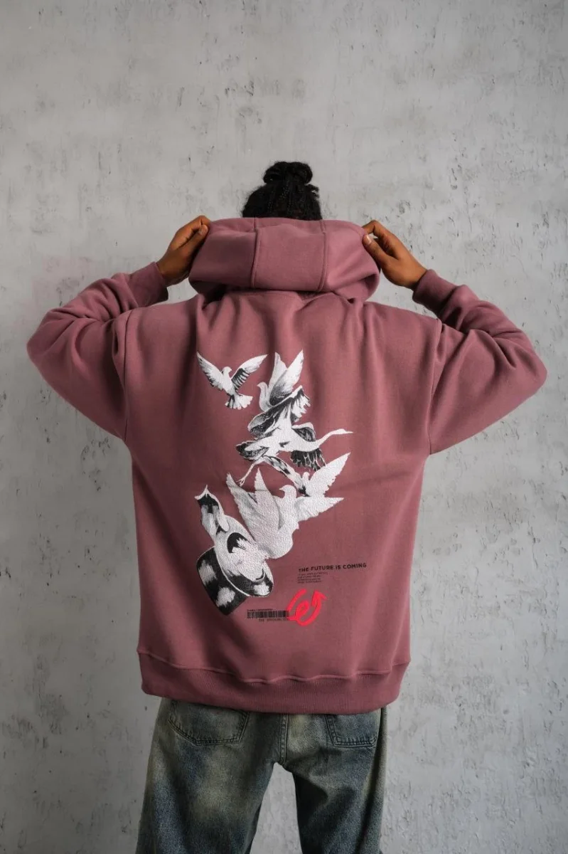 Şapkalı Güvercin Baskılı Kapşonlu Sweat - Gül Kurusu